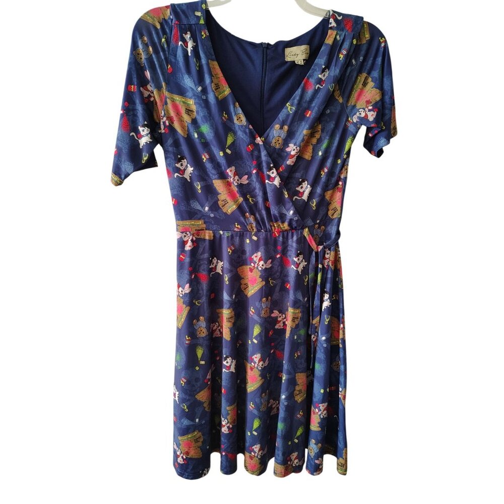 Lindy Bop Cat Rabbit Graffiti Dress, Size 12, Faux Wrap Retro Vibes V-Neck